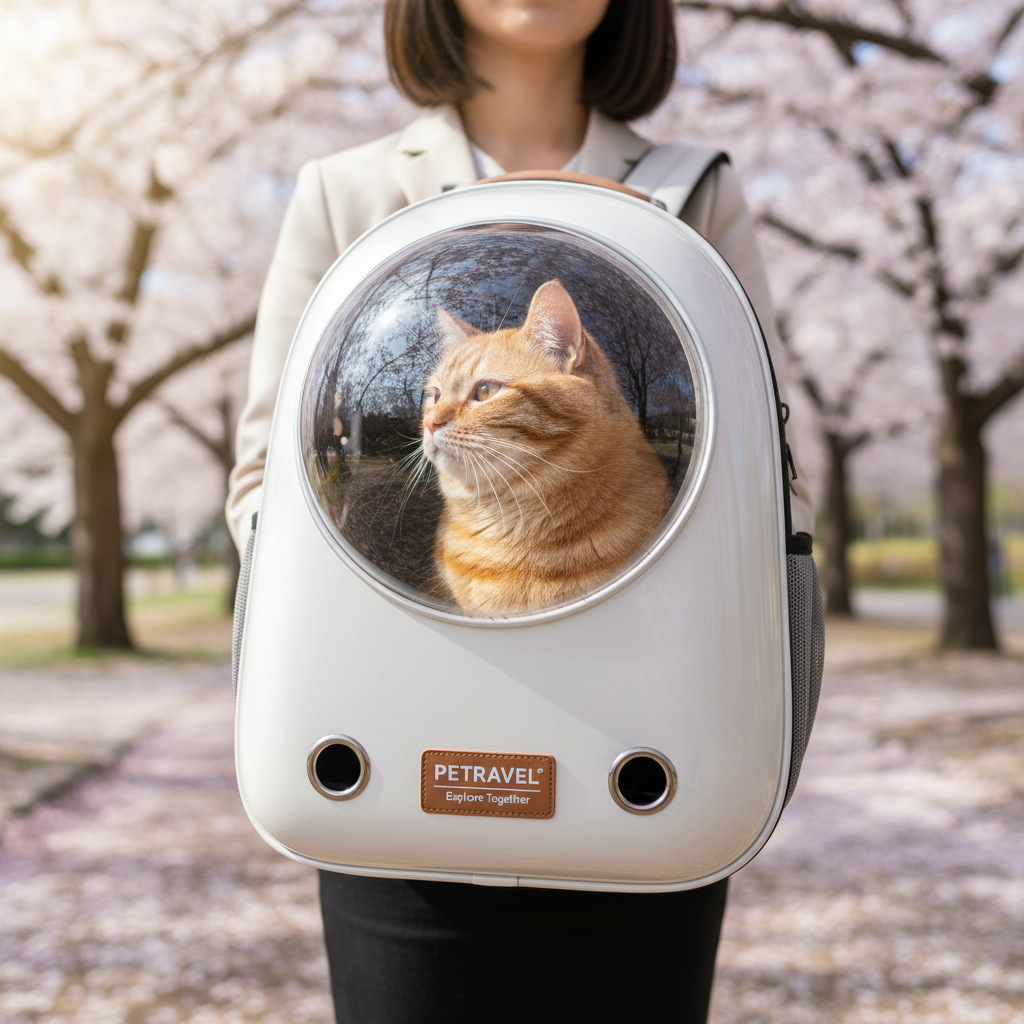 벚꽃이 만개한 공원에서 투명한 창이 달린 현대적인 반려동물 백팩 속에 앉아 밖을 응시하는 평온한 치즈 고양이의 고해상도 사진. 부드러운 자연광이 백팩의 매끄러운 질감과 고양이의 털을 강조함.